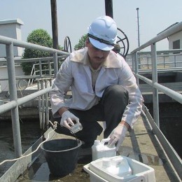(Photo: Tamer Alslaibi collecting water samples at wastewater treatment plants, in Gaza Strip)