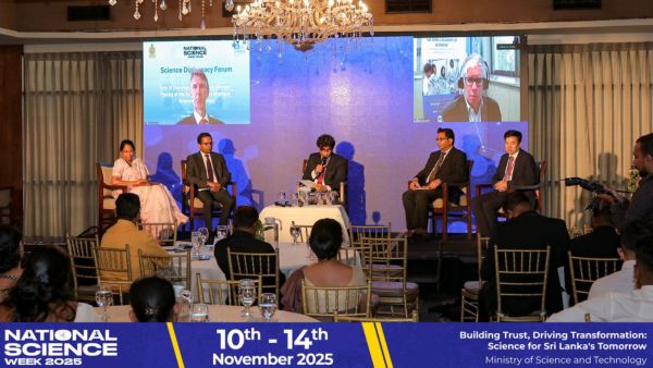 A highlight from the high-level forum in Sri Lanka. On screen, TWAS Science Diplomacy Unit Coordinator Peter McGrath (left) and TWAS Executive Director Marcelo Knobel (right).